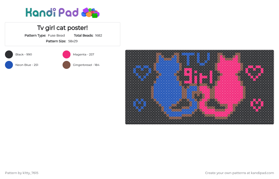 Tv girl cat poster! - Fuse Bead Pattern by k1tty_7615 on Kandi Pad - black,blue,pink,heart,cat,tv girl,music,poster,tails,pet,tvgirl