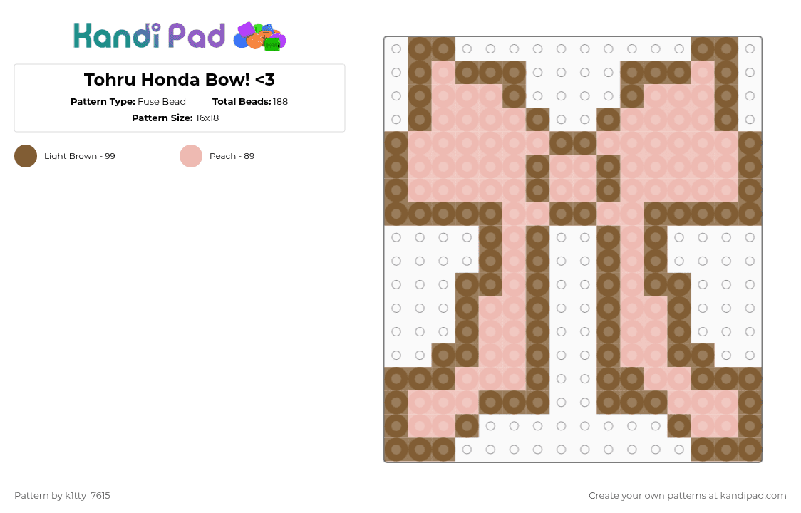 Tohru Honda Bow! - Fuse Bead Pattern by k1tty_7615 on Kandi Pad - tan,beige,fruits basket,tohru,honda,tohru honda,bow,pink,pretty
