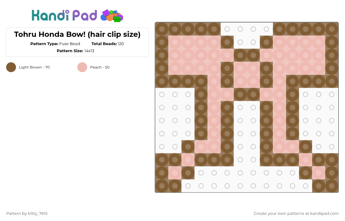 Tohru Honda Bow! (hair clip size) - Fuse Bead Pattern by k1tty_7615 on Kandi Pad - tan,beige,fruits basket,tohru,honda,tohru honda,bow,pink,pretty,small