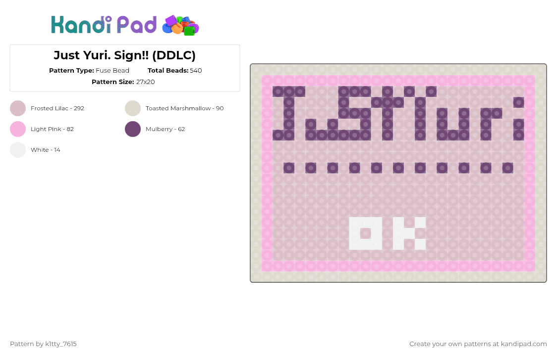 Just Yuri. Sign!! (DDLC) - Fuse Bead Pattern by k1tty_7615 on Kandi Pad - beige,pink,yuri,doki doki literature club,ddlc,just monika,horror,kawaii,cute