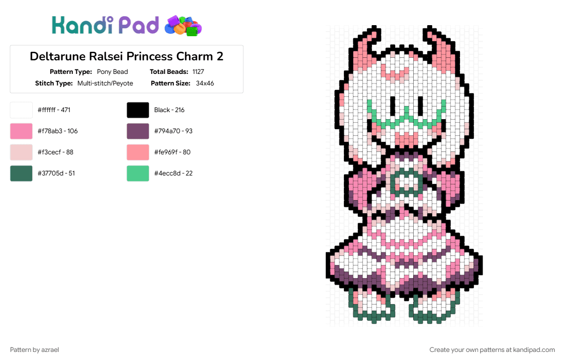 Deltarune Ralsei Princess Charm 2 - Pony Bead Pattern by starbunny on Kandi Pad - beige, character, charm, deltarune, green, pink, ralsei, toby fox, video game, white