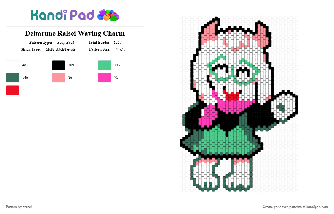 Deltarune Ralsei Waving Charm - Pony Bead Pattern by azrael on Kandi Pad - charm, cute, deltarune, goat, green, pink, ralsei, teal, toby fox, white