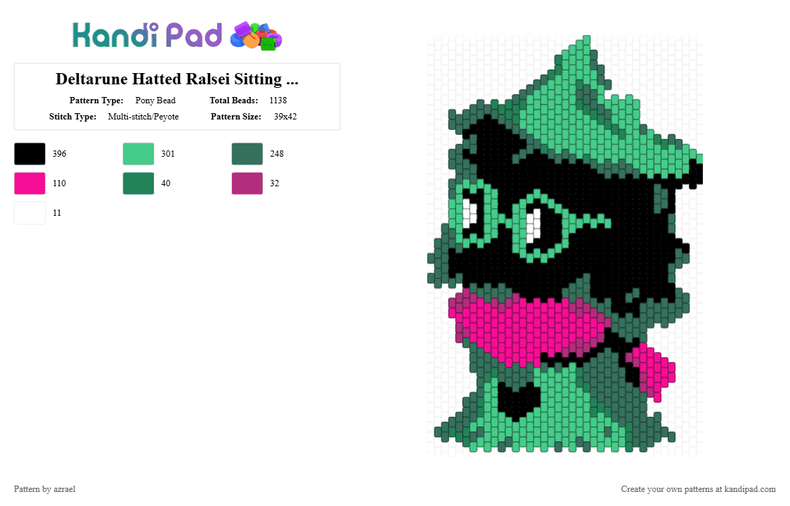 Deltarune Hatted Ralsei Sitting Down Charm - Pony Bead Pattern by azrael on Kandi Pad - character, charm, cute, deltarune, green, pink, ralsei, teal, toby fox