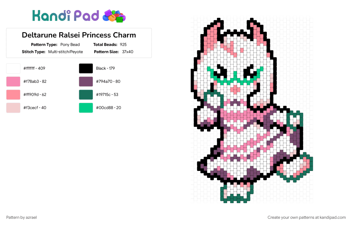 Deltarune Ralsei Princess Charm - Pony Bead Pattern by starbunny on Kandi Pad - character, charm, deltarune, gaming, pink, ralsei, toby fox, video game, white