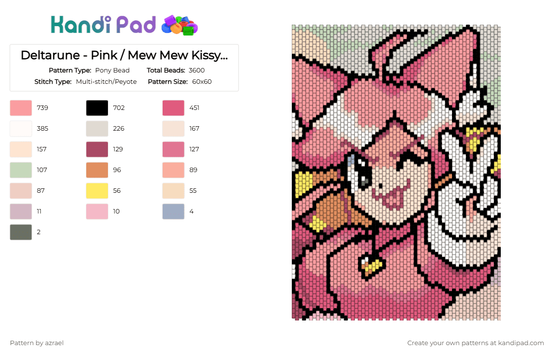 Deltarune - Pink / Mew Mew Kissy Cutie :3 - Pony Bead Pattern by azrael on Kandi Pad - beige, cat, cute, deltarune, mad mew mew, pink, undertale, video game, yellow
