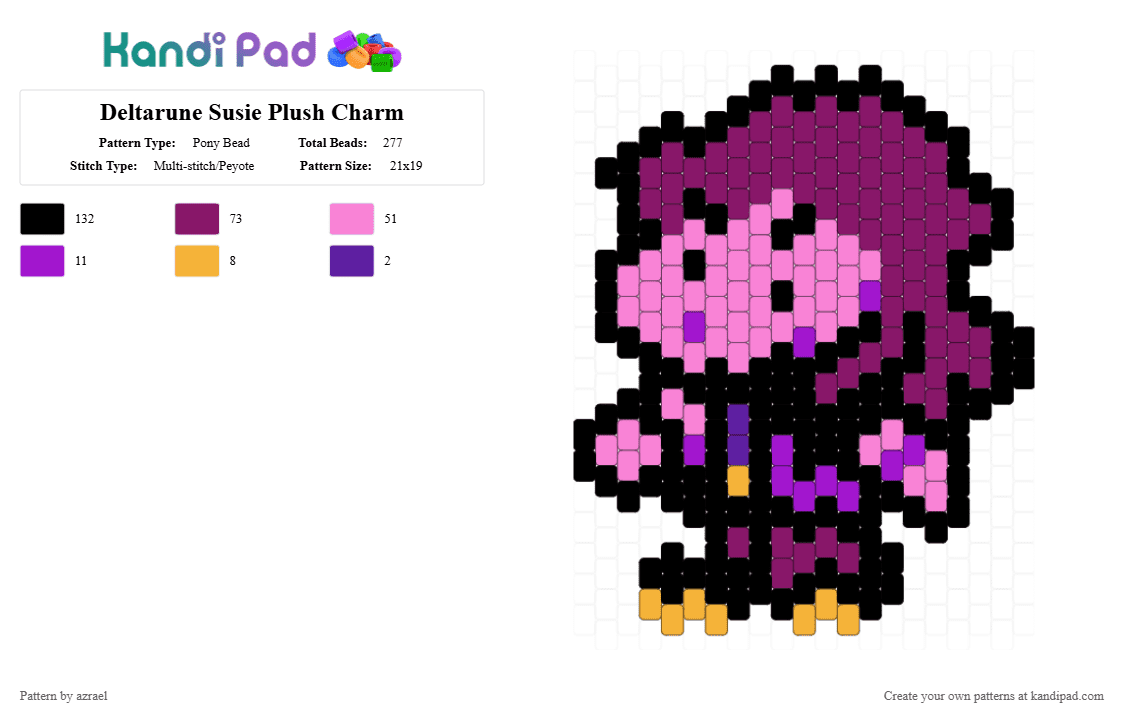 Deltarune Susie Plush Charm - Pony Bead Pattern by azrael on Kandi Pad - character, charm, cute, deltarune, pink, purple, susie, toby fox