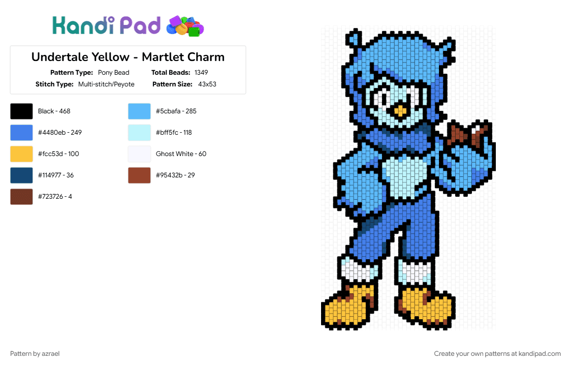 Undertale Yellow - Martlet Charm - Pony Bead Pattern by azrael on Kandi Pad - blue, character, charm, light blue, martlet, undertale, undertale yellow, video game