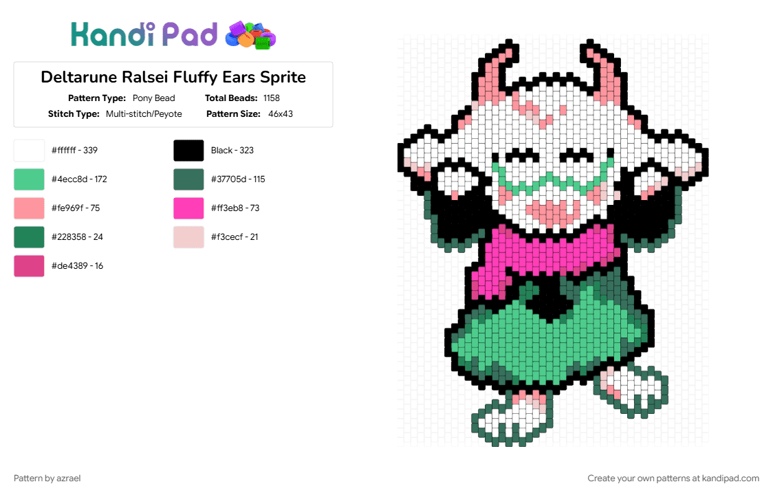 Deltarune Ralsei Fluffy Ears Sprite - Pony Bead Pattern by starbunny on Kandi Pad - character, charm, cute, deltarune, green, pink, ralsei, teal, toby fox