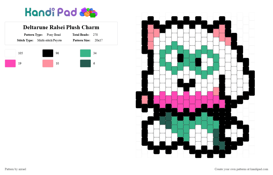 Deltarune Ralsei Plush Charm - Pony Bead Pattern by azrael on Kandi Pad - character, charm, cute, deltarune, green, pink, ralsei, teal, toby fox, white