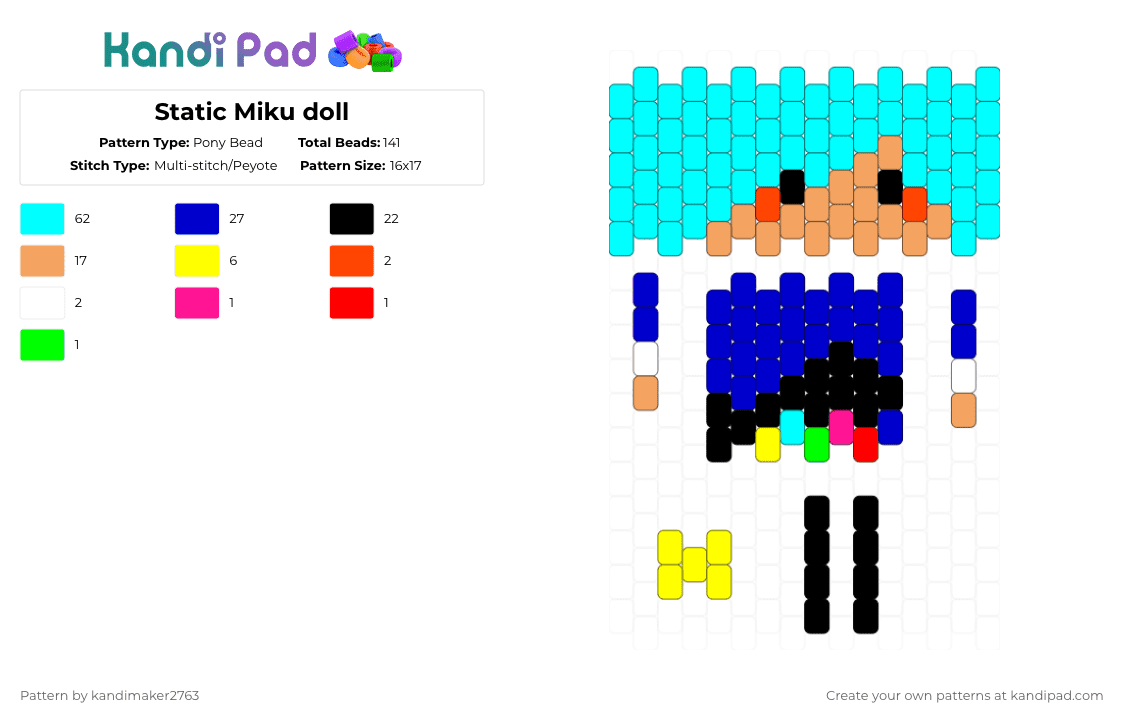 Static Miku doll - Pony Bead Pattern by kandimaker2763 on Kandi Pad - light blue,orange,purple