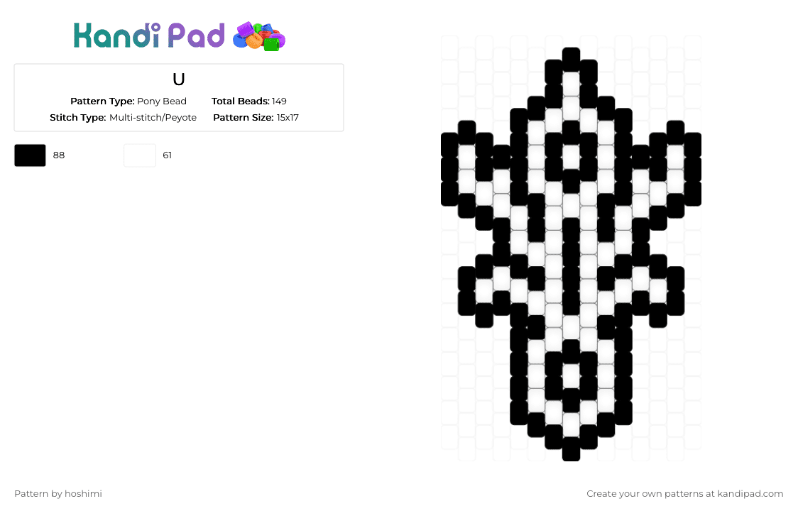 U - Pony Bead Pattern by hoshimi on Kandi Pad - black, white