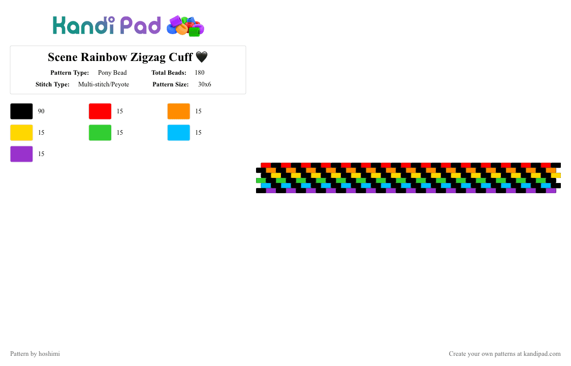 Scene Rainbow Zigzag Cuff 🖤 - Pony Bead Pattern by hoshimi on Kandi Pad - black, colorful, gay, green, lgbtq, orange, pride, purple, rainbow, scene, scenecore