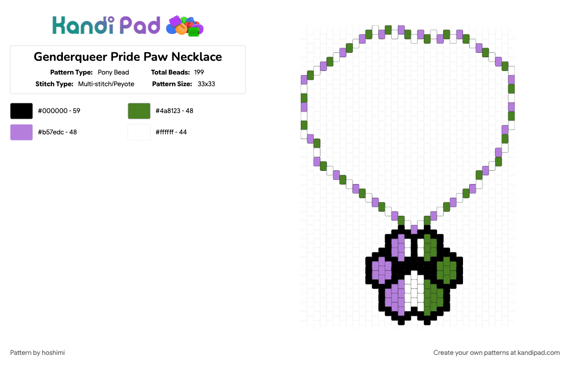 Genderqueer Pride Paw Necklace - Pony Bead Pattern by hoshimi on Kandi Pad - furry, genderqueer, green, lgbtq, love, necklace, paw, pink, pride, pride flag