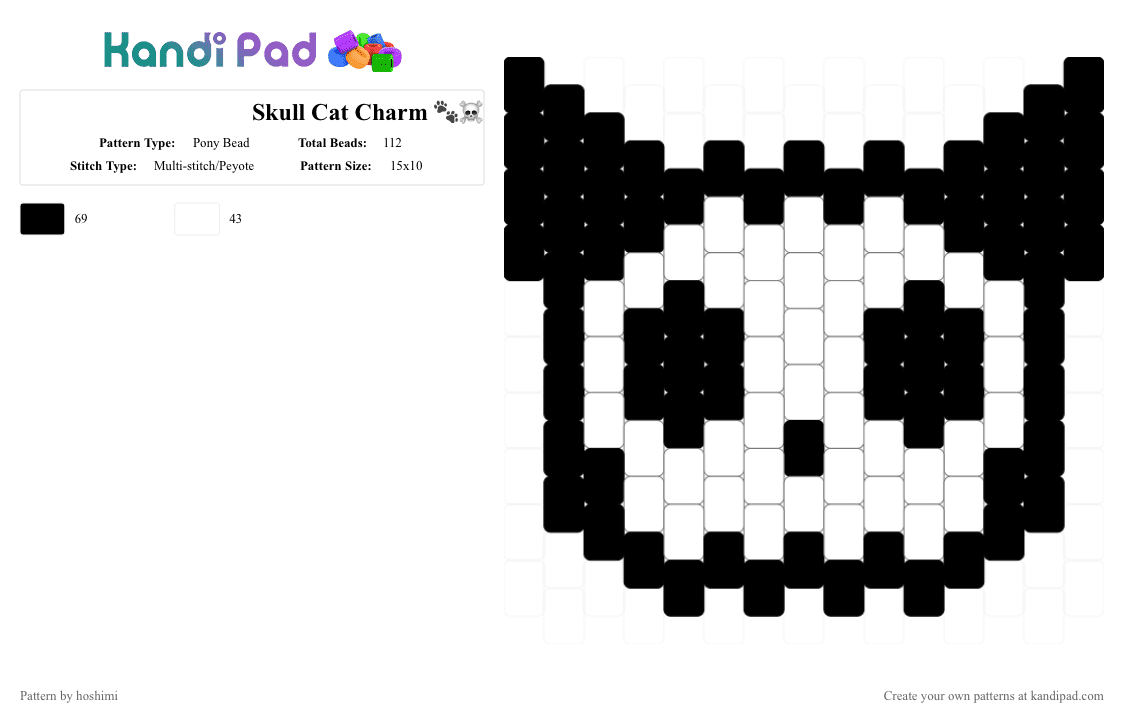 Skull Cat Charm 🐾☠️ - Pony Bead Pattern by hoshimi on Kandi Pad - black, cat, charm, cute, goth, skull, skull cat, white