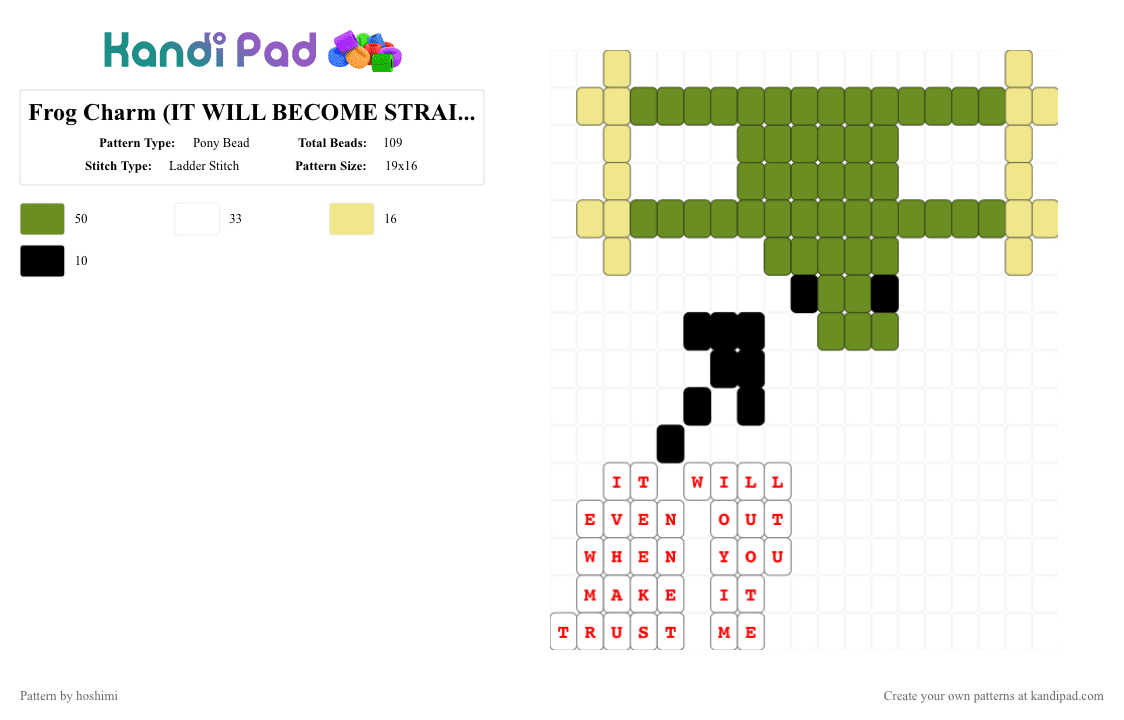 Frog Charm (IT WILL BECOME STRAIGHT WHEN YOU MAKE IT!!) - Pony Bead Pattern by hoshimi on Kandi Pad - green,frog,charm,animal,cute