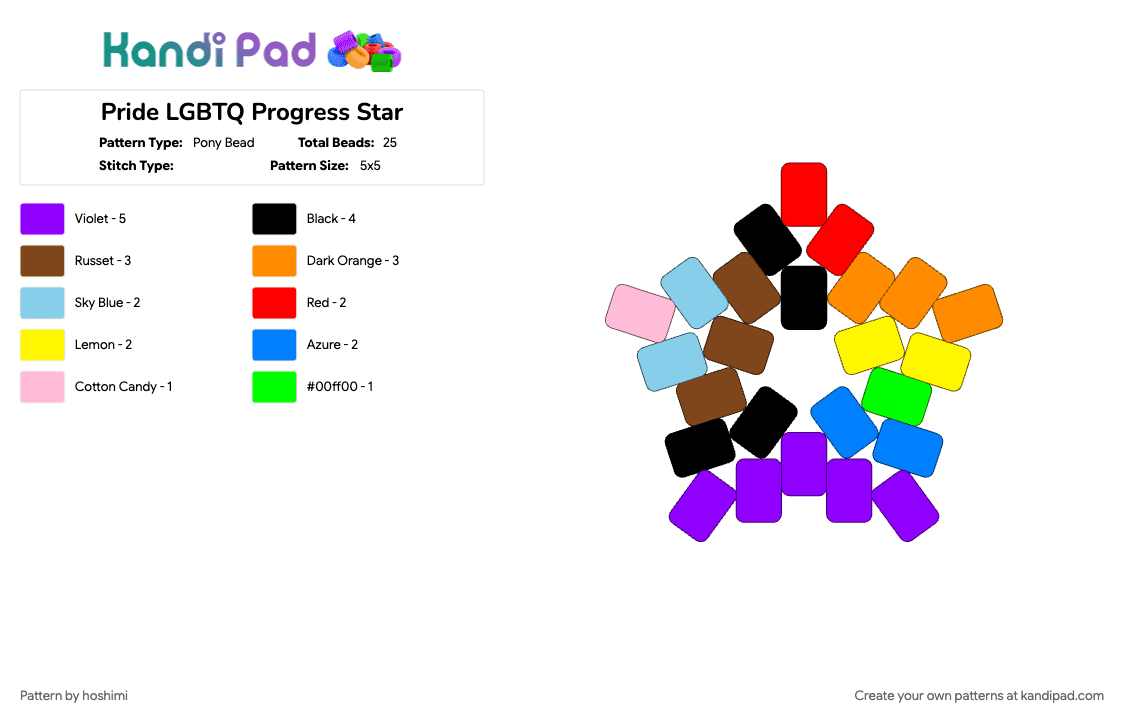 Pride LGBTQ Progress Star - Pony Bead Pattern by hoshimi on Kandi Pad - brown, lgbtq, orange, pride, purple, star