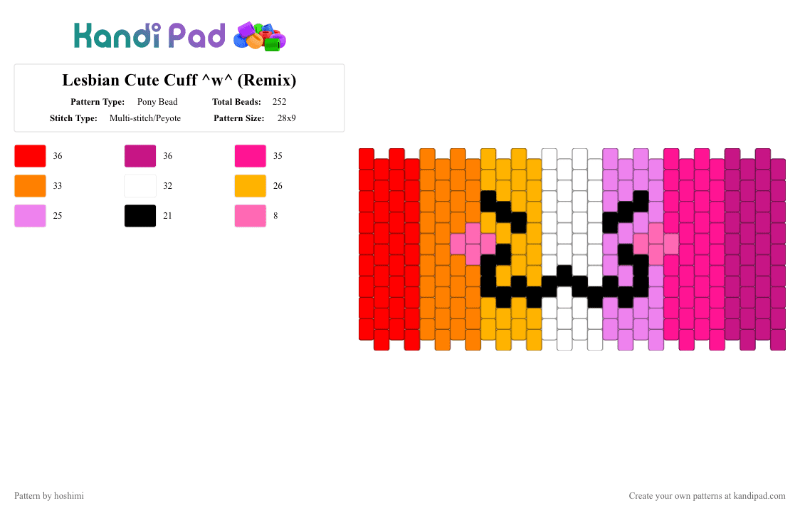 Lesbian Cute Cuff ^w^ (Remix) - Pony Bead Pattern by hoshimi on Kandi Pad - cute, gay, lesbian, lgbtq, pink, pride, wlw