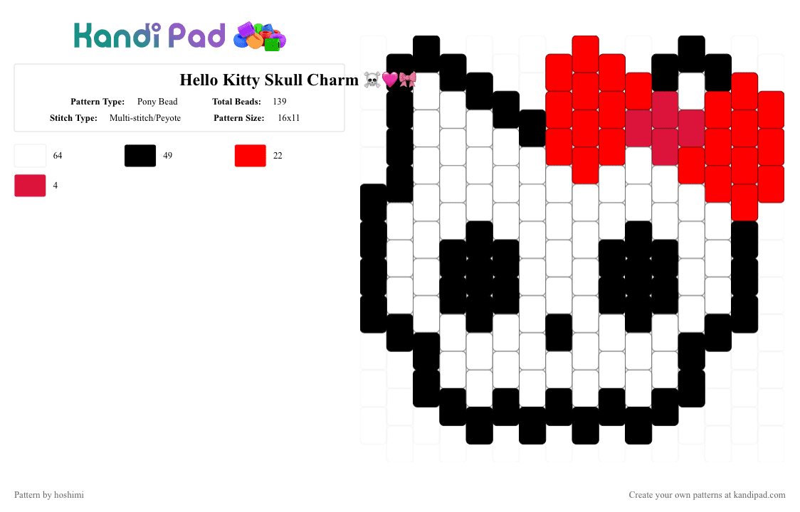 Hello Kitty Skull Charm ☠️🩷🎀 - Pony Bead Pattern by hoshimi on Kandi Pad - white,red,hello kitty skull,hello kitty,skull,scene,scene hello kitty,cute,charm