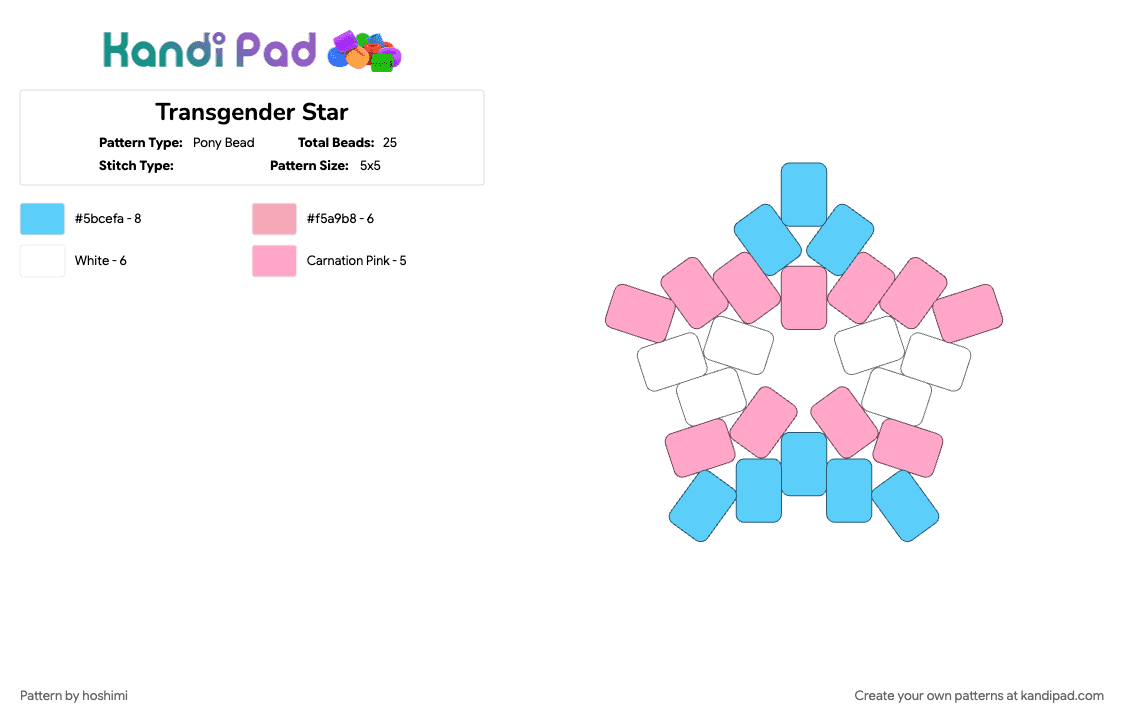 Transgender Star - Pony Bead Pattern by hoshimi on Kandi Pad - light blue, pink, star, trans