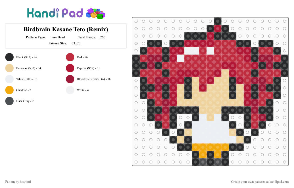 Birdbrain Kasane Teto (Remix) - Fuse Bead Pattern by hoshimi on Kandi Pad - birdbrain, kasane teto, kasaneteto, miku, red, teto, utau, utauloid, vocaloid