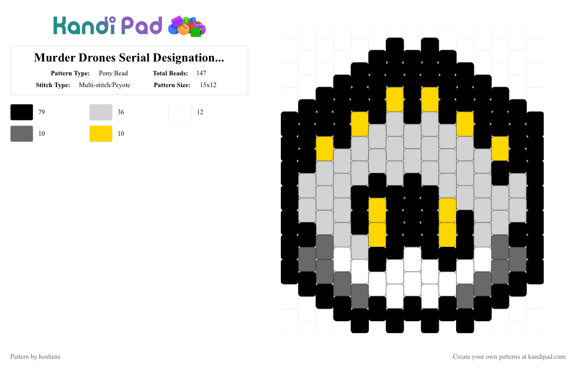 Murder Drones Serial Designation N 💛🖤 - Pony Bead Pattern by hoshimi on Kandi Pad - white,gray,yellow,murder drones,murder drones n,n,serial designation n,charm
