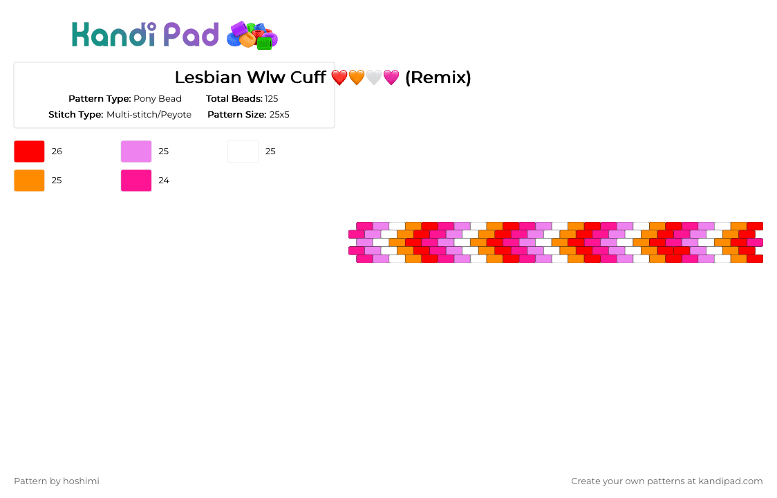 Lesbian Wlw Cuff ❤️🧡🤍🩷 (Remix) - Pony Bead Pattern by hoshimi on Kandi Pad - gay, lesbian, lgbtq, pink, pride, wlw