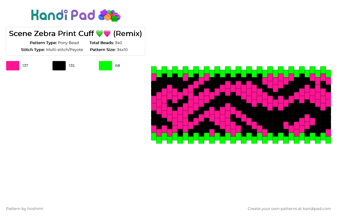 Scene Zebra Print Cuff 💚🩷 (Remix) - Pony Bead Pattern by hoshimi on Kandi Pad - pink,green,scene,zebra print,scenecore