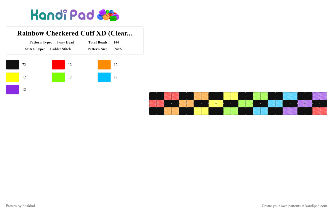 Rainbow Checkered Cuff XD (Clear Version) - Pony Bead Pattern by hoshimi on Kandi Pad - black, checker, checkered, colorful, cute, gay, green, orange, pride, purple, rainbow