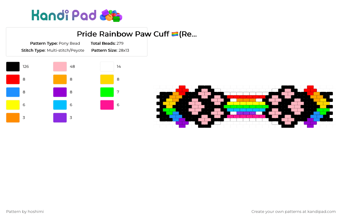 Pride Rainbow Paw Cuff 🏳️‍🌈(Remix) - Pony Bead Pattern by hoshimi on Kandi Pad - black,pink,rainbow,pride,gay,lgbtq,paw,furry,therian,cat