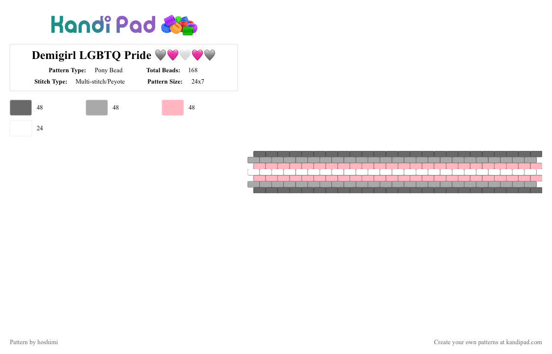 Demigirl LGBTQ Pride 🩶🩷🤍🩷🩶 - Pony Bead Pattern by hoshimi on Kandi Pad - beige, demigirl, gay, gray, lgbtq, pink, pride, she they