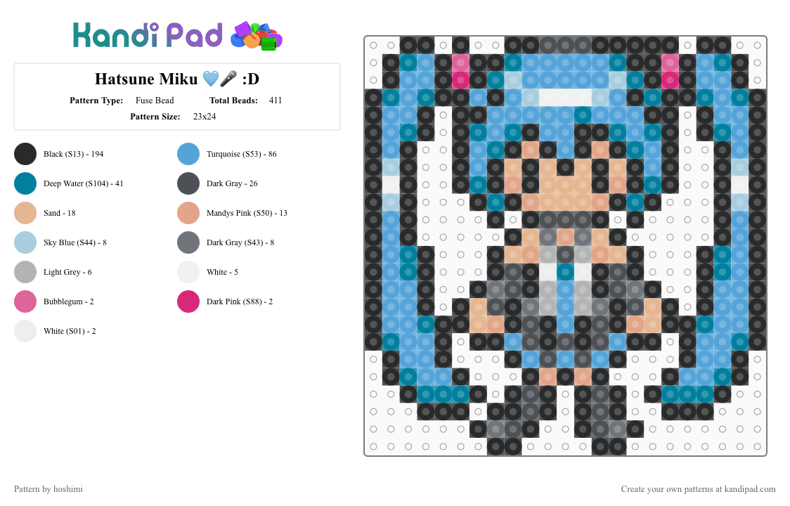 Hatsune Miku 🩵🎤 :D - Fuse Bead Pattern by hoshimi on Kandi Pad - black,teal,light blue,miku,vocaloid,hatsune miku,teto,cute,blue,miku hatsune