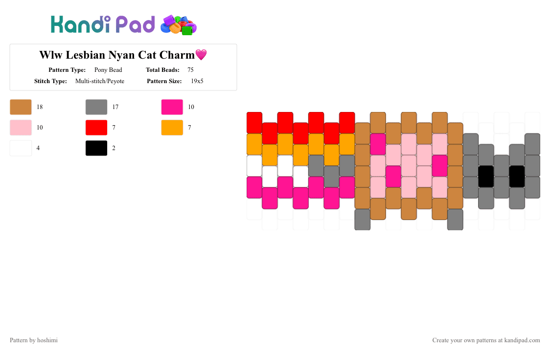 Wlw Lesbian Nyan Cat Charm🩷 - Pony Bead Pattern by hoshimi on Kandi Pad - gray,orange,pink,wlw,lesbian,nyan cat,cute,charm,cat
