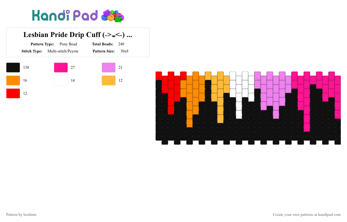 Lesbian Pride Drip Cuff (˶>⩊ - Pony Bead Pattern by hoshimi on Kandi Pad - black,pink,pride,lesbian,gay,wlw,drip,lgbtq
