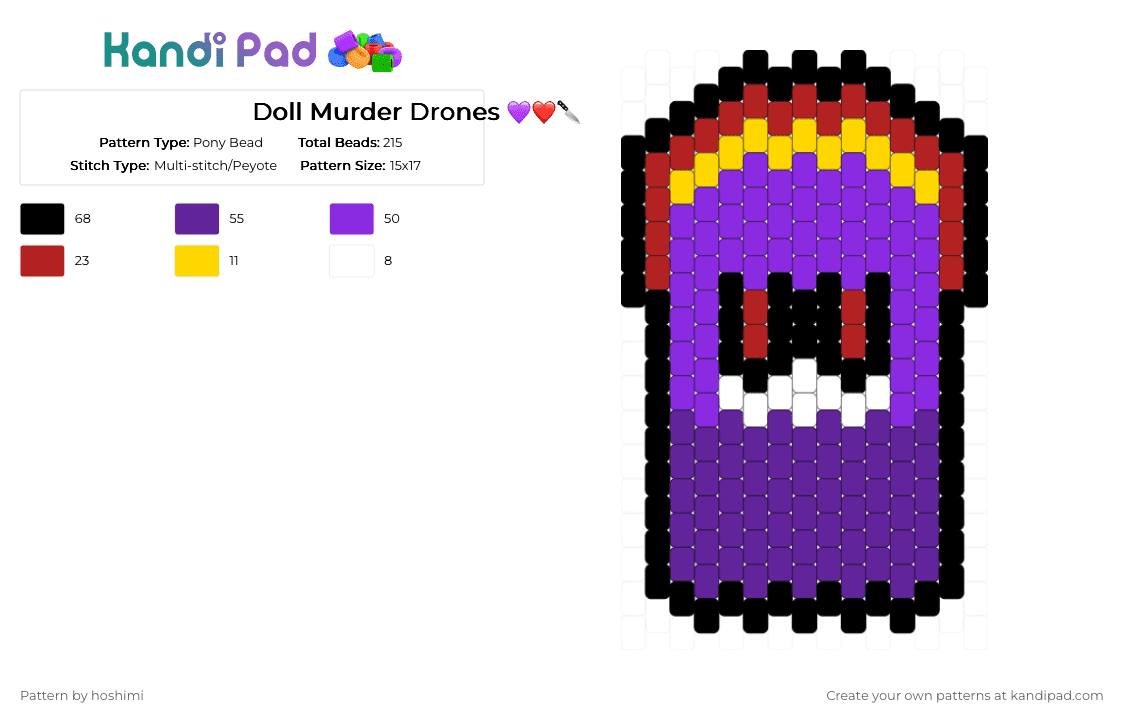 Doll Murder Drones 💜❤️🔪 - Pony Bead Pattern by hoshimi on Kandi Pad - charm, doll, murder drones, murder drones doll, purple