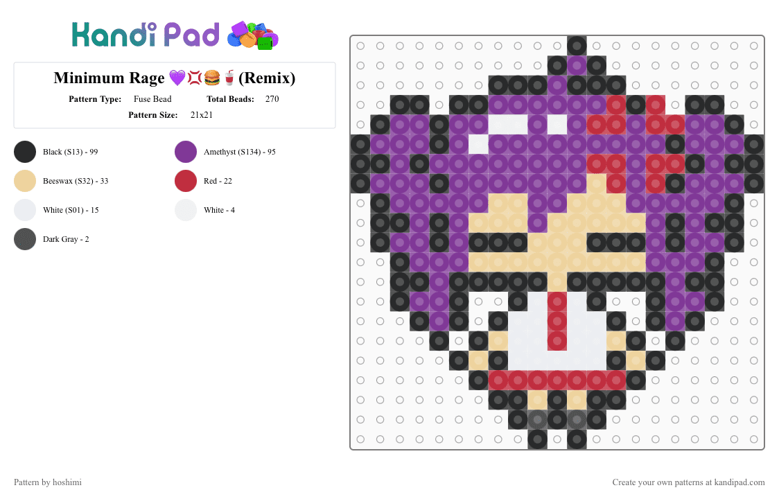 Minimum Rage 💜💢🍔🥤(Remix) - Fuse Bead Pattern by hoshimi on Kandi Pad - kasane teto, miku, minimum rage, minimum rage teto, pink, teto, utau, vocaloid