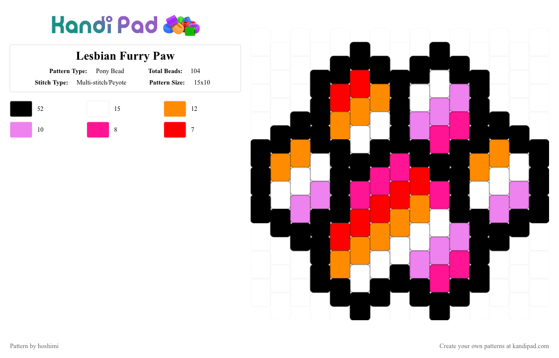 Lesbian Furry Paw - Pony Bead Pattern by hoshimi on Kandi Pad - black,orange,pink,lesbian,wlw,pride,gay,lgbtq,paw,therian,furry