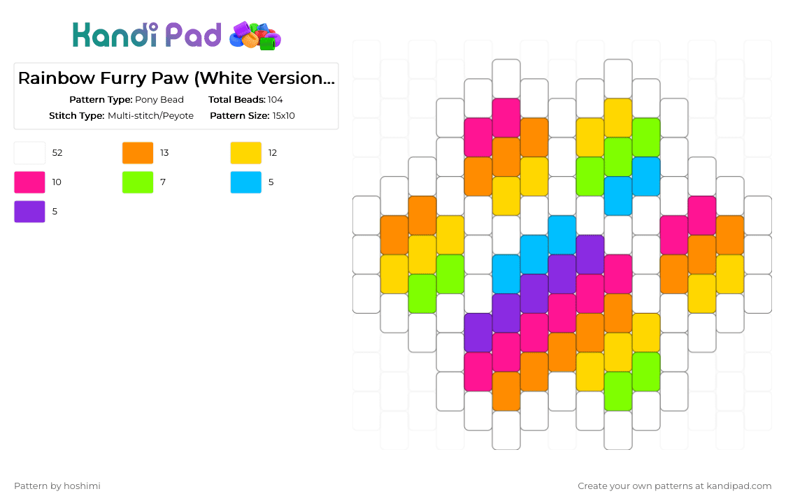 Rainbow Furry Paw (White Version) 🤍 - Pony Bead Pattern by hoshimi on Kandi Pad - white,orange,yellow,pink,rainbow,pride,paw,therian,furry,cute
