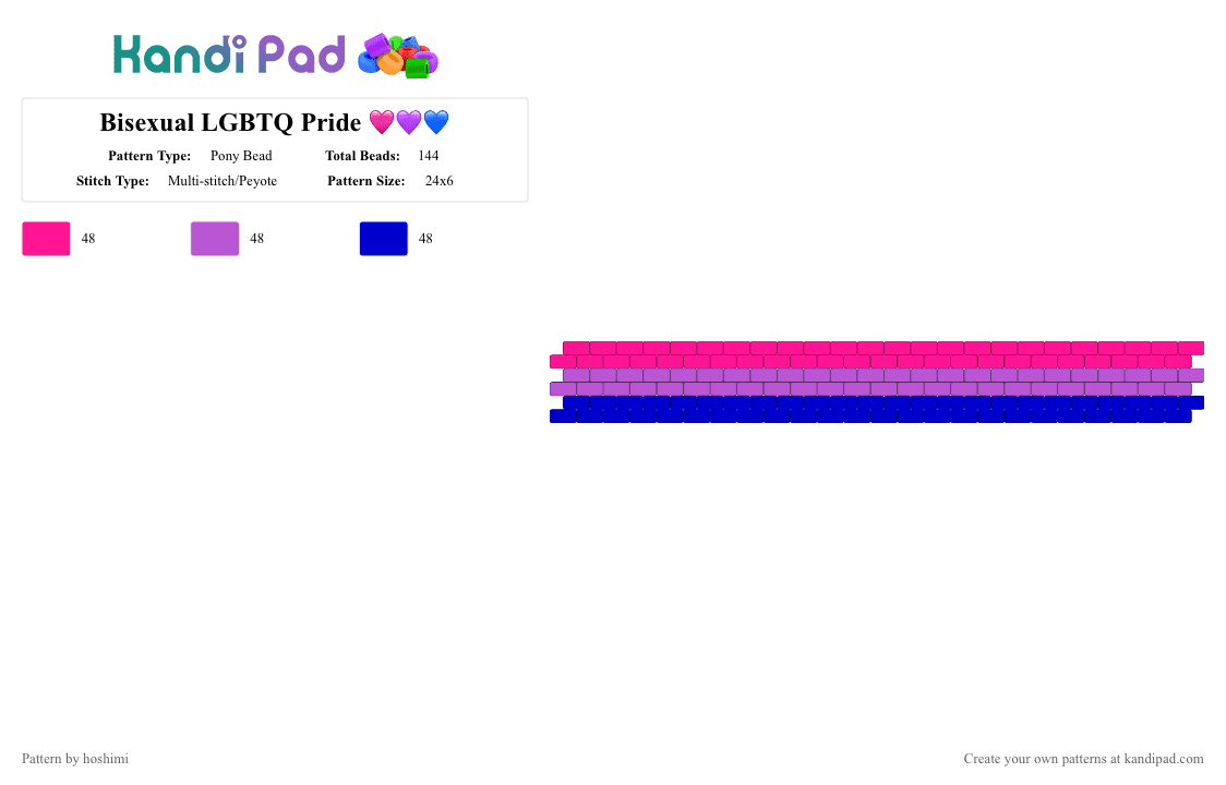Bisexual LGBTQ Pride 🩷💜💙 - Pony Bead Pattern by hoshimi on Kandi Pad - bi, bisexual, gay, lgbtq, pink, pride, purple