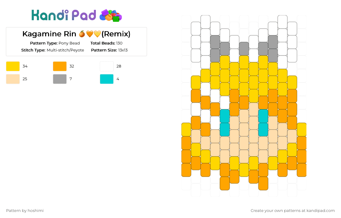Kagamine Rin 🍊🧡💛(Remix) - Pony Bead Pattern by hoshimi on Kandi Pad - beige, kagamine len, kagamine rin, len, miku, orange, rin, teto, vocaloid, yellow