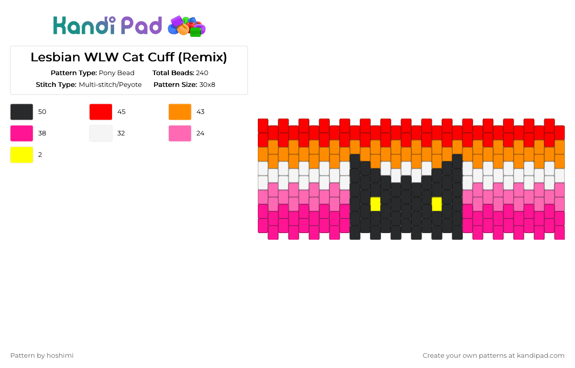 Lesbian WLW Cat Cuff (Remix) - Pony Bead Pattern by hoshimi on Kandi Pad - cat, gay, kitty, lesbian, lgbtq, orange, pink, red, therian, wlw