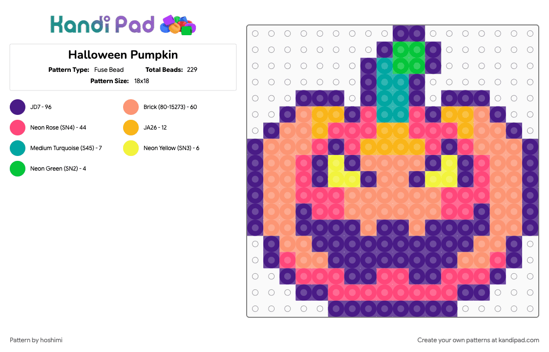 Halloween Pumpkin - Fuse Bead Pattern by hoshimi on Kandi Pad - halloween, jackolantern, orange, pumpkin, purple, red, spooky