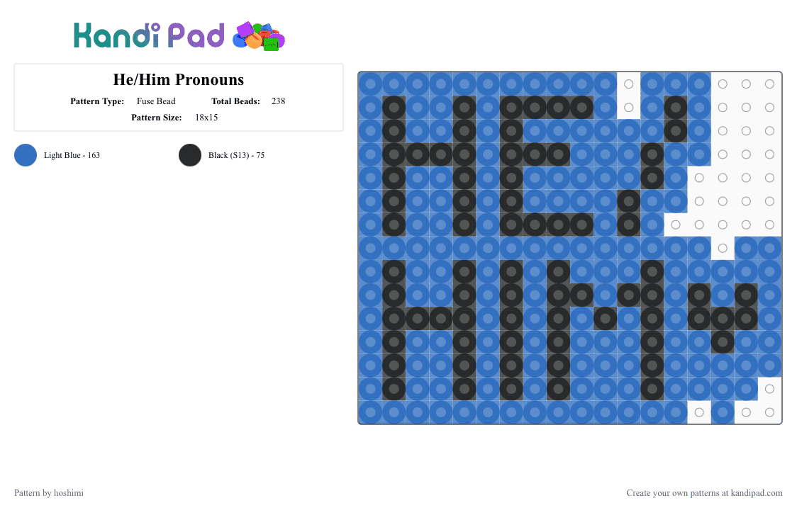 He/Him Pronouns - Fuse Bead Pattern by hoshimi on Kandi Pad - black, blue, gay, he him, lgbtq, pride, pronouns, trans