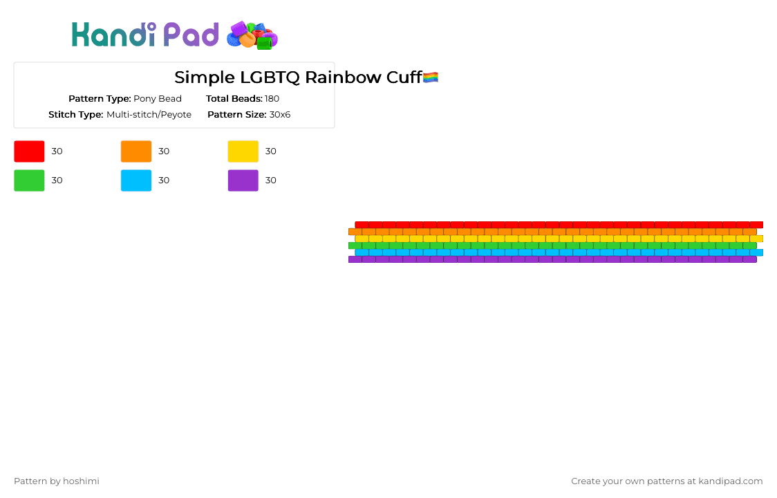 Simple LGBTQ Rainbow Cuff🏳️‍🌈 - Pony Bead Pattern by hoshimi on Kandi Pad - colorful, gay, green, lesbian, lgbtq, orange, pride, purple, wlw