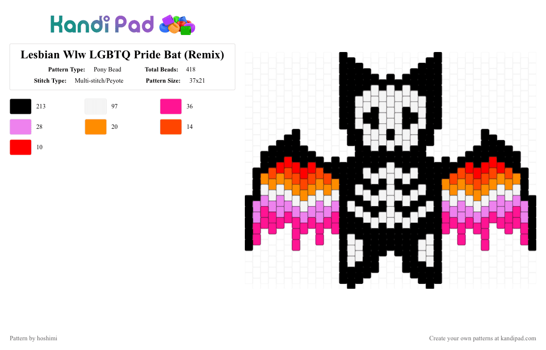 Lesbian Wlw LGBTQ Pride Bat (Remix) - Pony Bead Pattern by hoshimi on Kandi Pad - bat, black, gay, lesbian, lgbtq, pink, pride, wlw