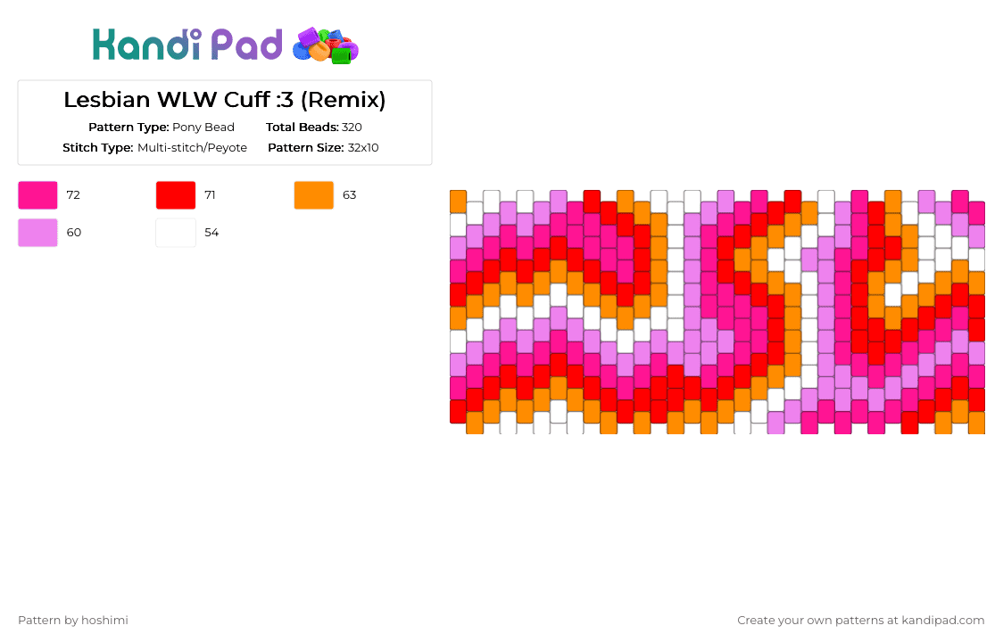 Lesbian WLW Cuff :3 (Remix) - Pony Bead Pattern by hoshimi on Kandi Pad - gay, lesbian, lgbtq, pink, pride, wlw