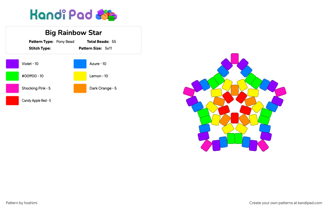Big Rainbow Star - Pony Bead Pattern by hoshimi on Kandi Pad - blue, green, purple, rainbow, star, yellow