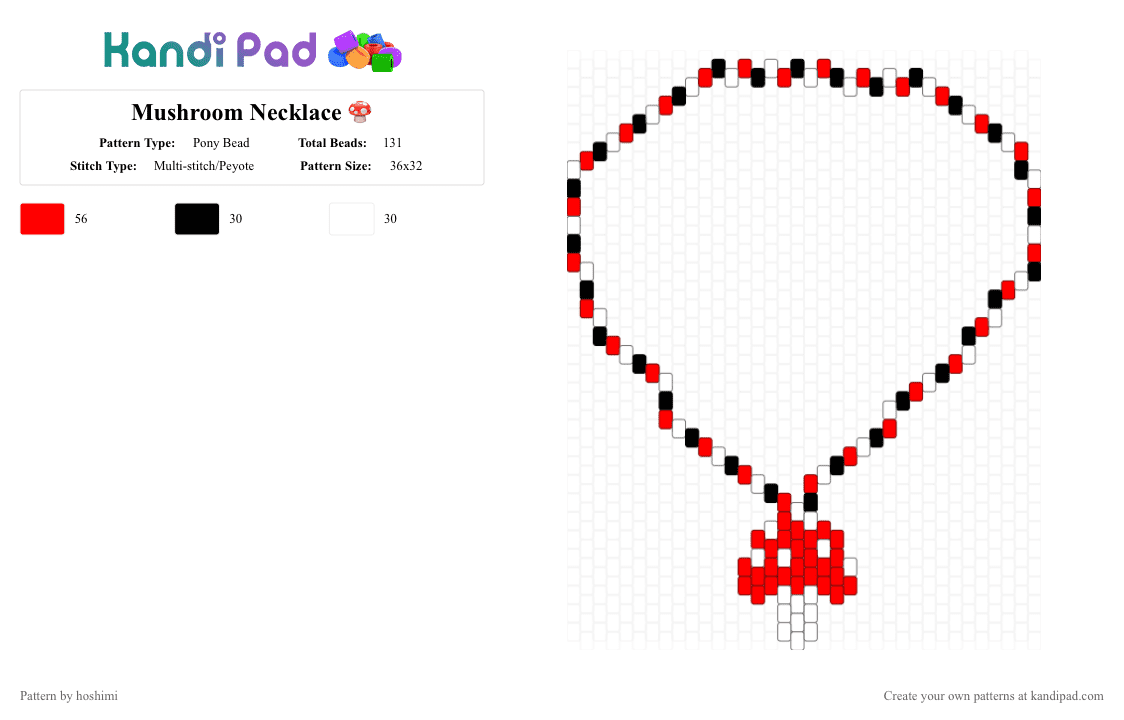 Mushroom Necklace 🍄 - Pony Bead Pattern by hoshimi on Kandi Pad - cottagecore, fairycore, mushroom, necklace, red, white