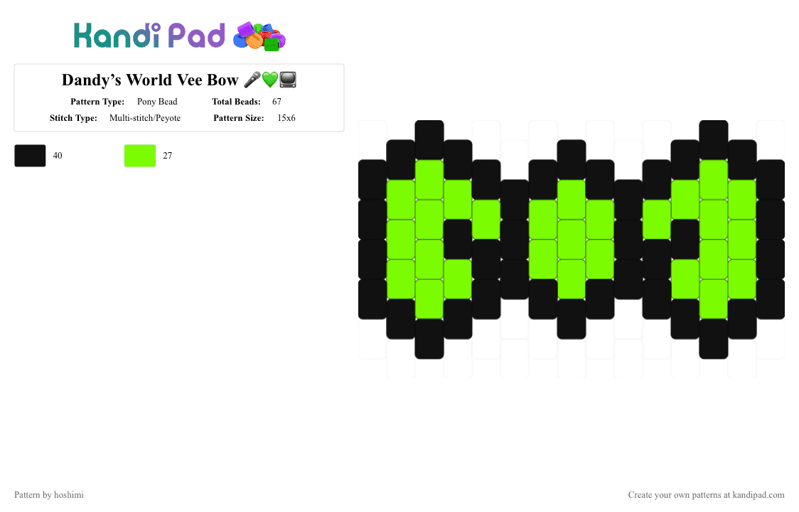 Dandy’s World Vee Bow 🎤💚📺 - Pony Bead Pattern by hoshimi on Kandi Pad - black,green,vee,bow,charm,dandys world,cute