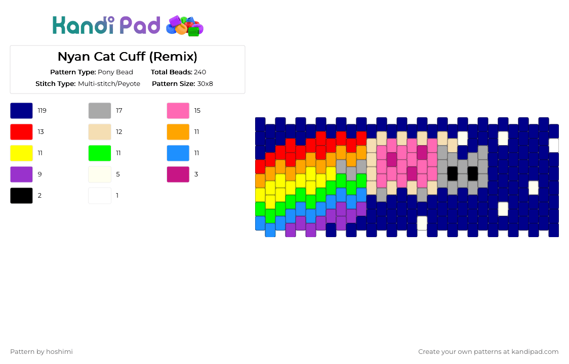 Nyan Cat Cuff (Remix) - Pony Bead Pattern by hoshimi on Kandi Pad - purple,beige,nyan cat,cat,nyan,rainbow,cute,cuff