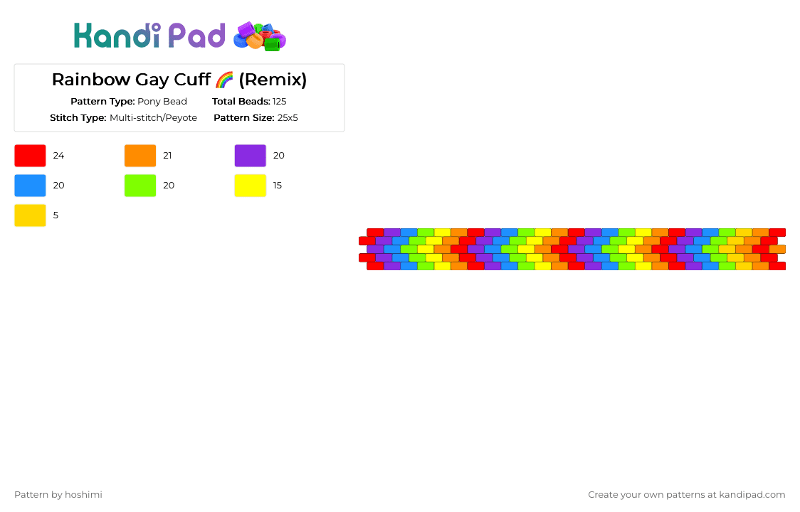 Rainbow Gay Cuff 🌈 (Remix) - Pony Bead Pattern by hoshimi on Kandi Pad - colorful, gay, green, lgbtq, light blue, orange, pride, rainbow